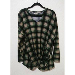 Grace & Emma Plaid Sweater Cut Out Collar Twist Hem Green Soft XL